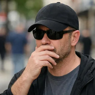 A man wearing sunglasses and a low cap, one hand covering his mouth