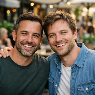 Two men side by side at a cafe, both in the same photo
