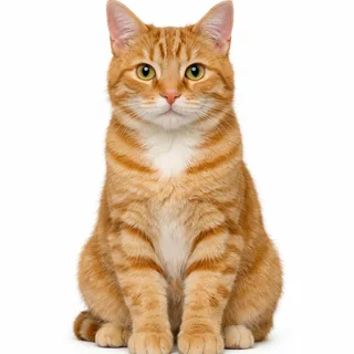 A ginger tabby cat sitting upright and facing the camera, whole body on white