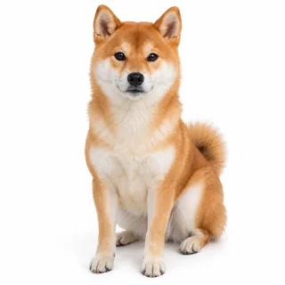 A Shiba Inu sitting and facing the camera on a white background
