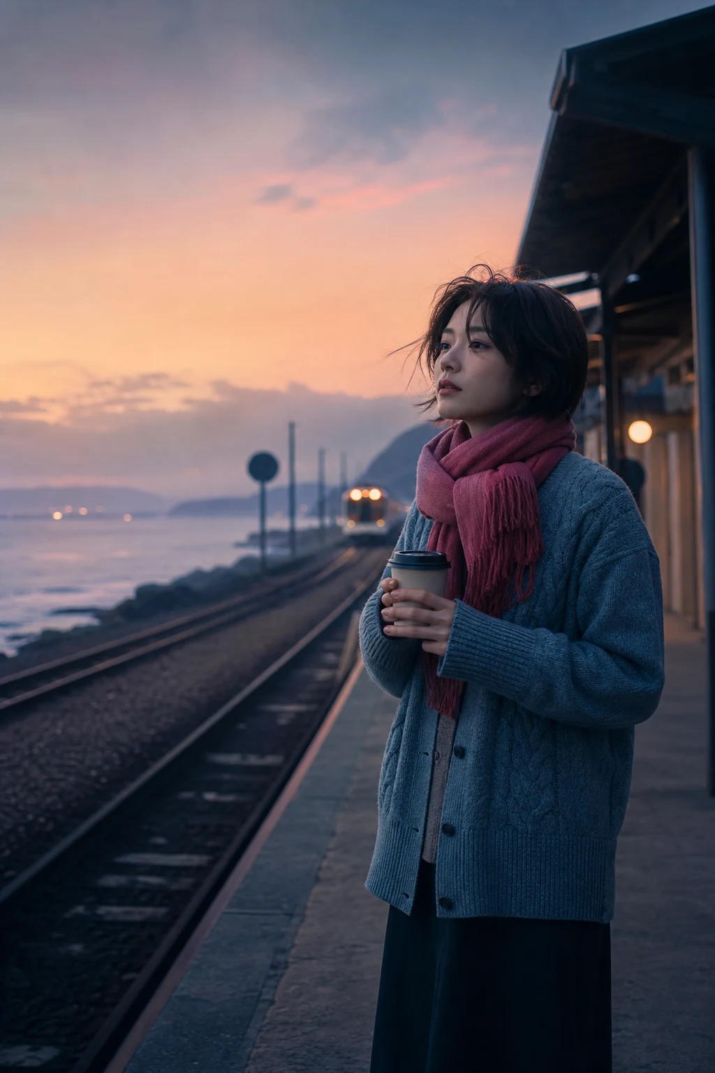 AI-generated lifestyle portrait on a beach with natural light and calm color grading