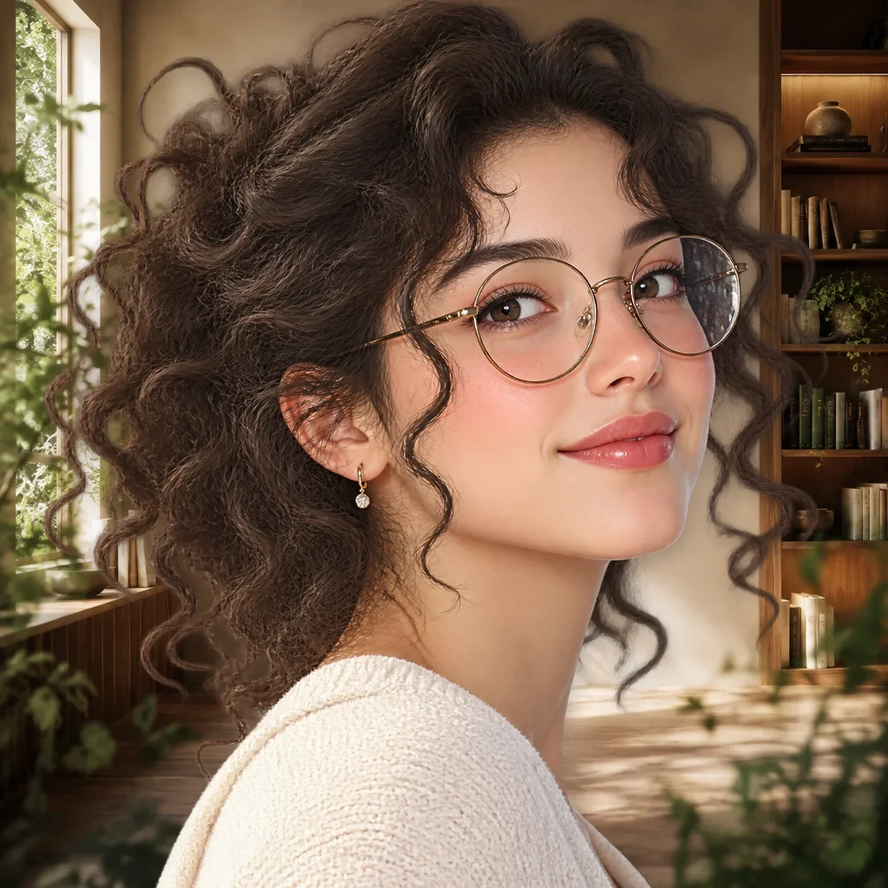 Portrait of a person with curly hair in front of a busy interior