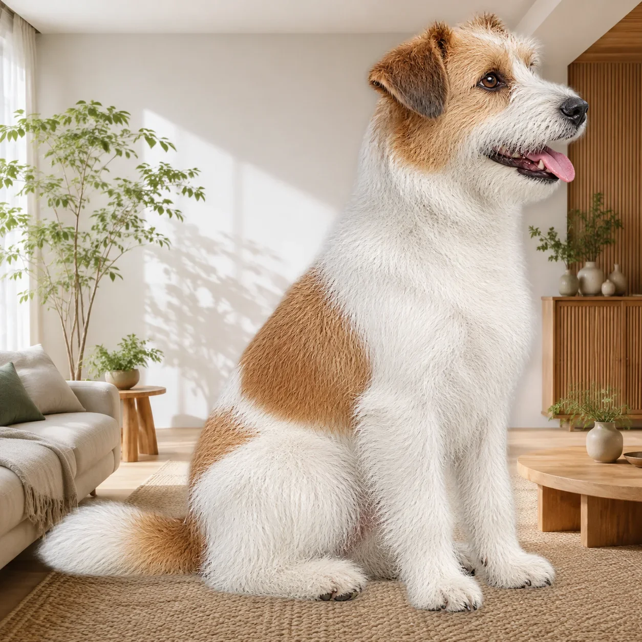 Long-haired dog sitting on a sofa in a living room