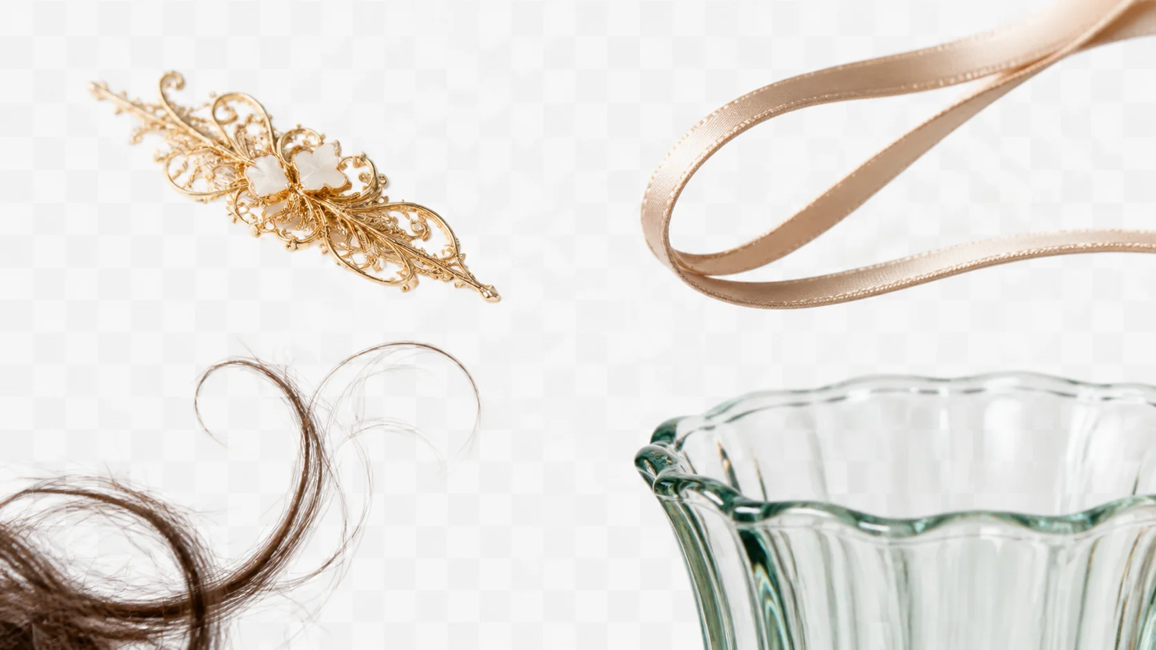 Close-up of hair strands and a thin necklace preserved after background removal