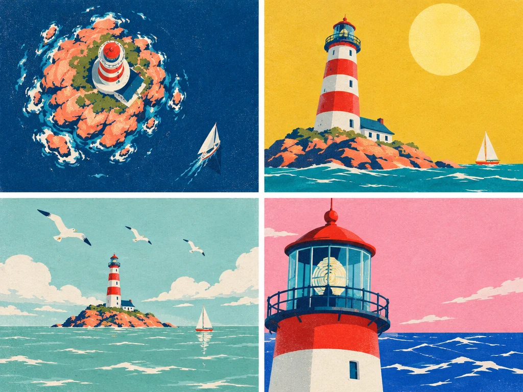 Four flat screen-print travel poster drafts of the same striped lighthouse, each with a different viewpoint and color scheme