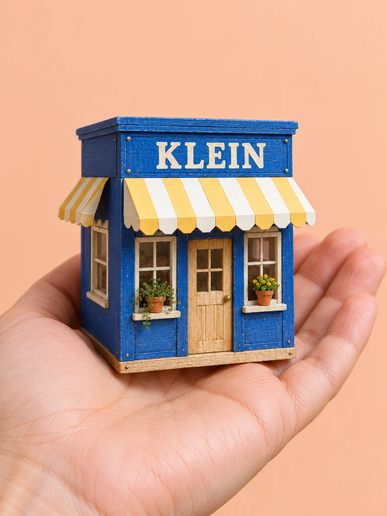 A palm-sized miniature corner shop with a cobalt-blue front and a hand-painted KLEIN sign, resting on an open hand