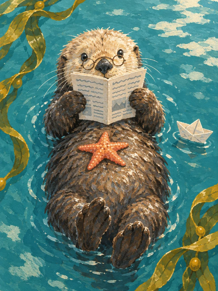 Gouache illustration of a sea otter in round spectacles floating on its back and reading a tiny newspaper, a starfish on its belly