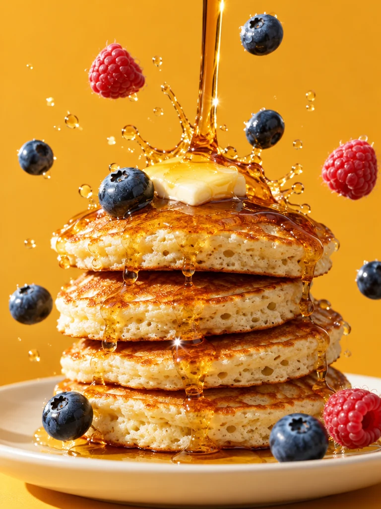 Maple syrup pouring onto a stack of pancakes as blueberries and raspberries bounce in the air against an amber backdrop