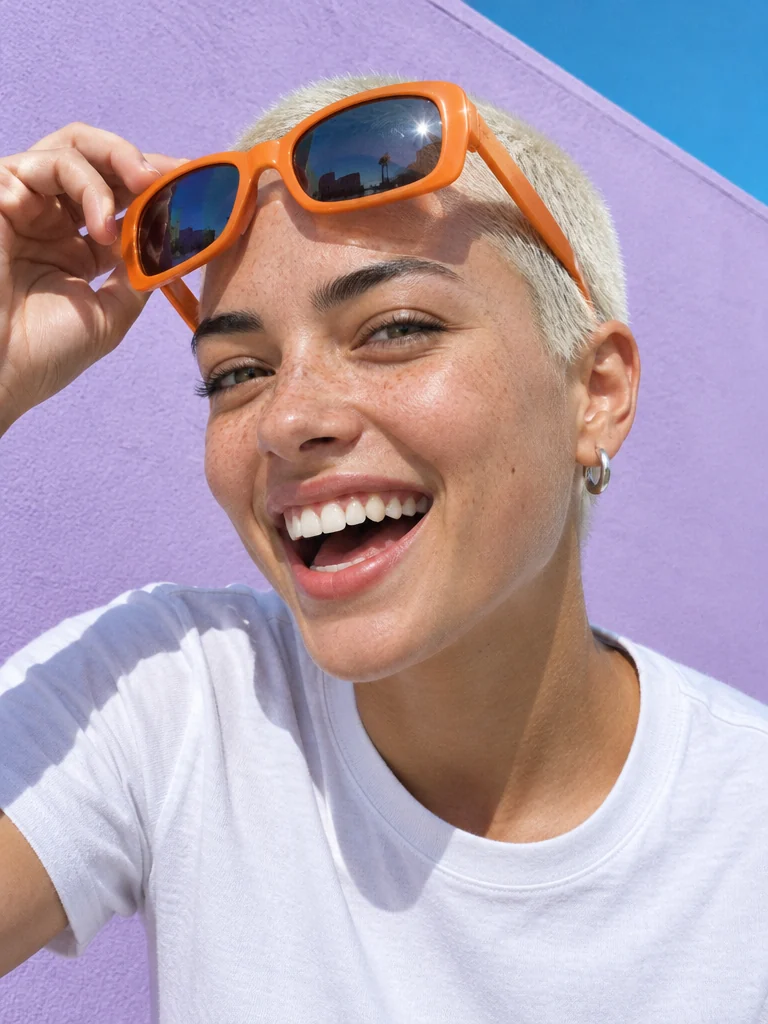 A young woman with a platinum buzz cut laughing into the lens while pushing orange sunglasses up, in front of a lilac wall