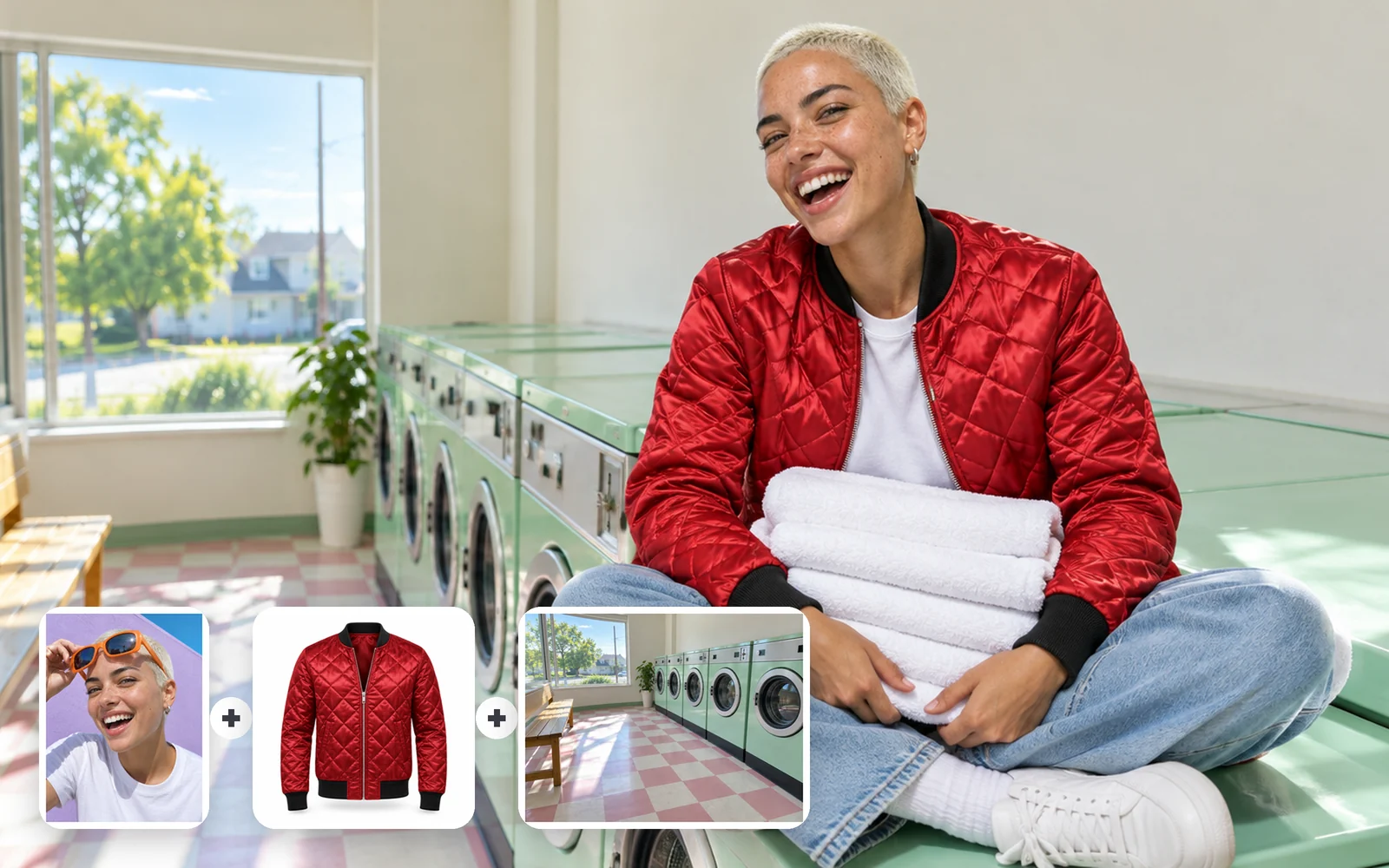 A woman with a platinum buzz cut in a cherry-red quilted bomber laughing on a mint washing machine in a sunny laundromat; corner cards show her portrait, the jacket and the empty laundromat