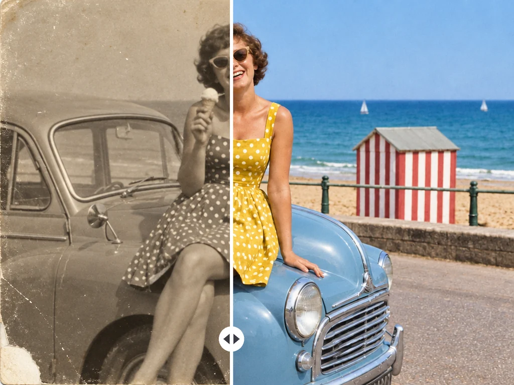 Split view of a 1960s seaside snapshot of a woman with an ice cream sitting on a vintage car: the left half creased and sepia, the right half cleaned up and in color