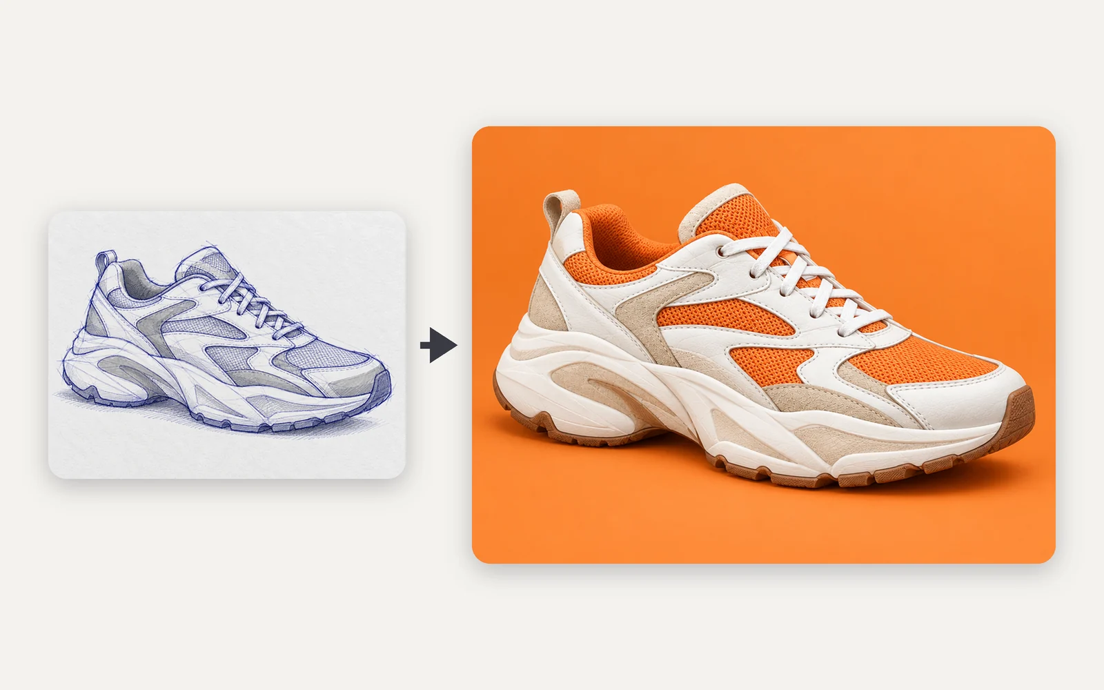 A blue ballpoint concept sketch of a chunky running sneaker next to a photo of the same shoe in cream suede and orange mesh