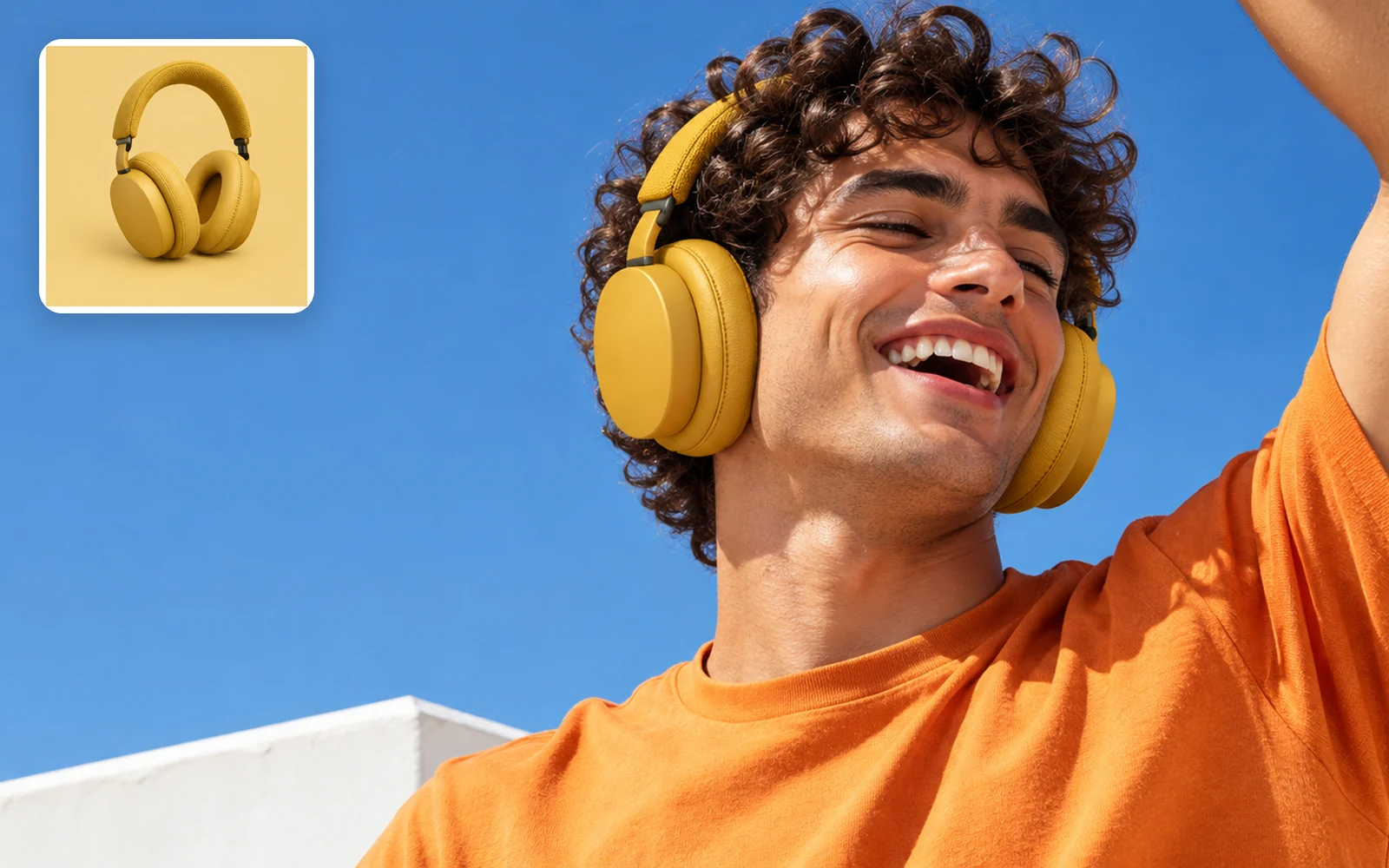 Ochre headphones worn by a laughing man on a sunny rooftop, with the original studio packshot as a small inset