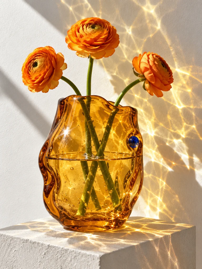 Amber glass vase of orange ranunculus casting bright caustic light on a white ledge