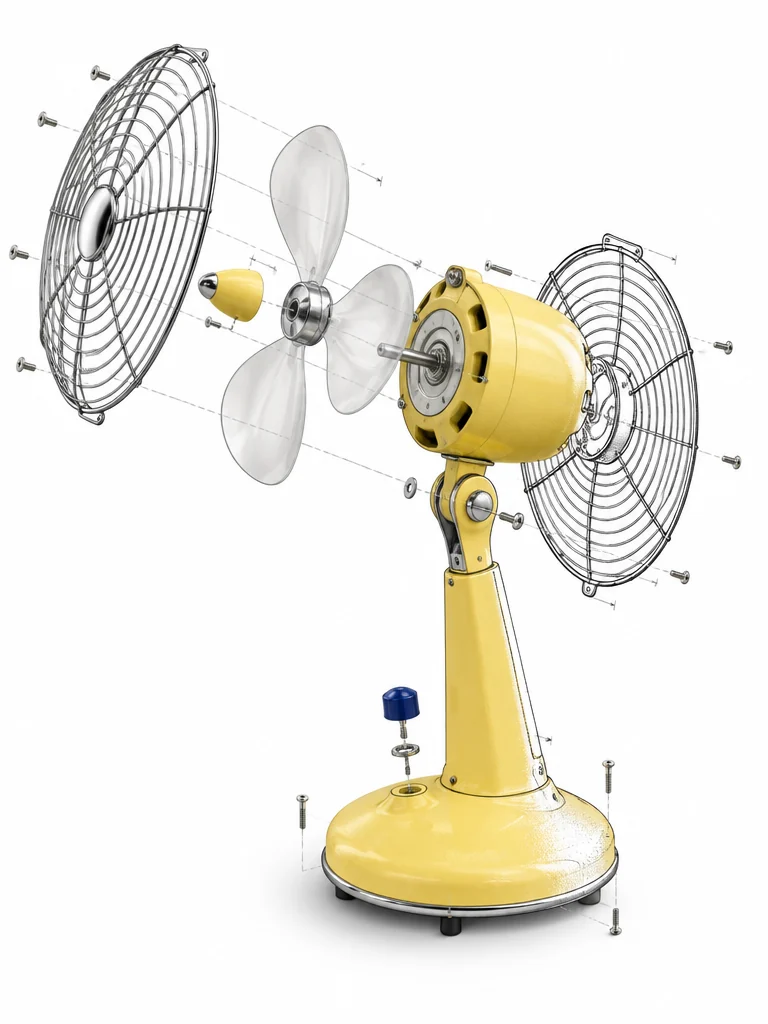 Exploded technical drawing of a butter-yellow retro desk fan, half render and half ink linework
