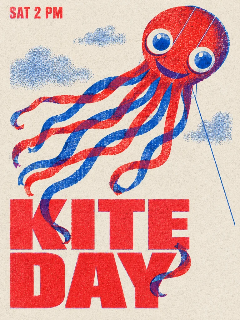 Red and blue risograph poster reading KITE DAY and SAT 2 PM, with a grinning octopus kite trailing curly ribbon tentacles