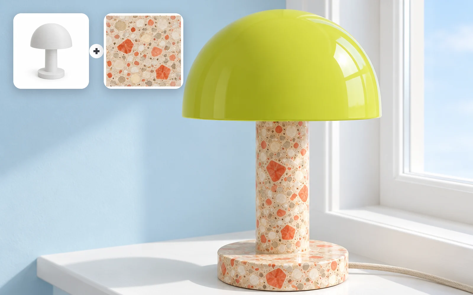 Chartreuse lamp with a terrazzo stem and base on a sunny windowsill, with a white 3D-printed prototype and a terrazzo swatch as inset references