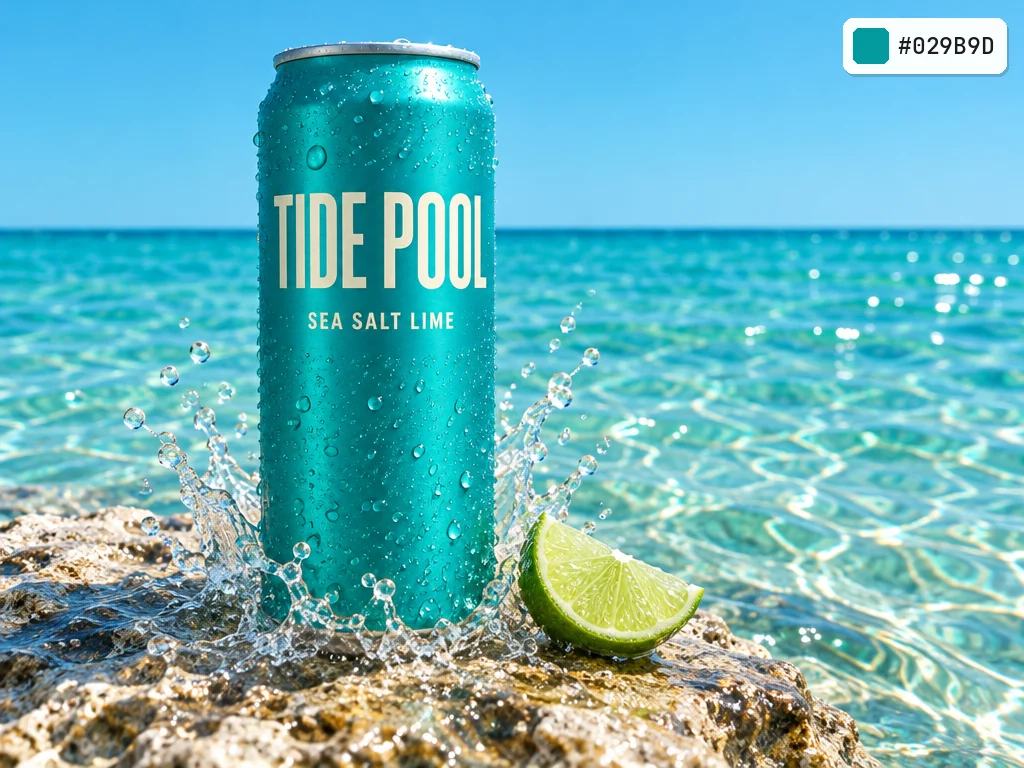 Teal #029B9D drink can reading TIDE POOL and SEA SALT LIME on a wet rock at the edge of a clear turquoise sea, with a lime wedge and a splash of water