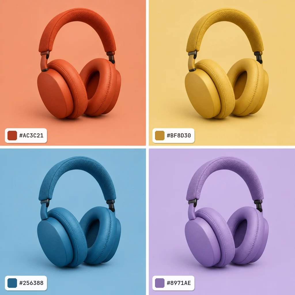 Two-by-two grid of the same over-ear headphones in brick red #AC3C21, ochre #BF8D30, cerulean #256388 and lavender #8971AE, each with a swatch chip