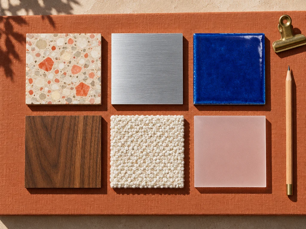 Top-down material board with terrazzo, brushed aluminium, cobalt glazed tile, walnut, boucle and frosted pink acrylic swatches in hard sunlight