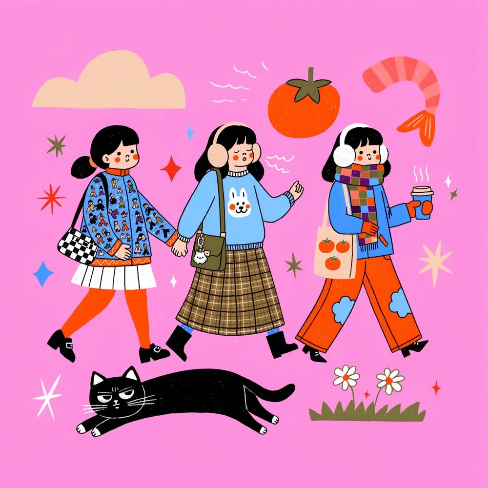 Pink fashion illustration of three girls in colorful clothes with a black cat and food motifs.