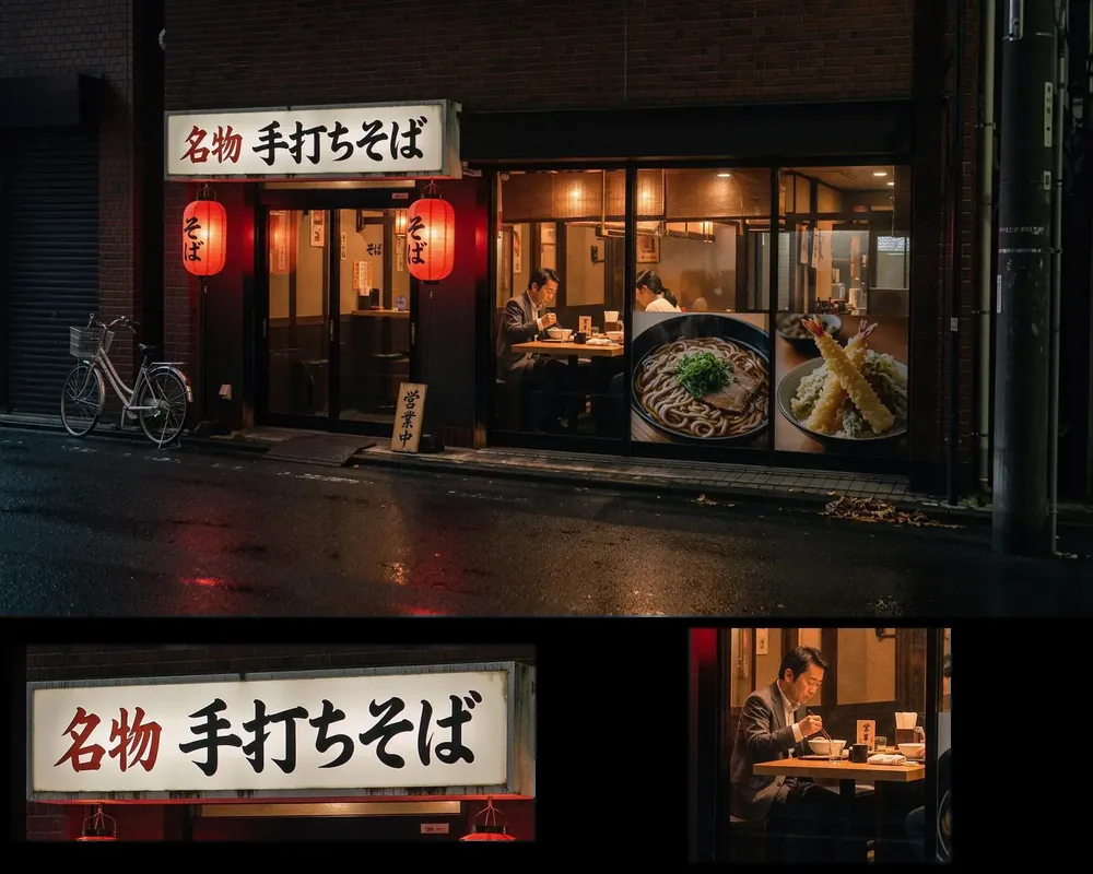 Official native 4K soba-shop image above two detail crops showing the Japanese shop lettering and a diner behind glass.