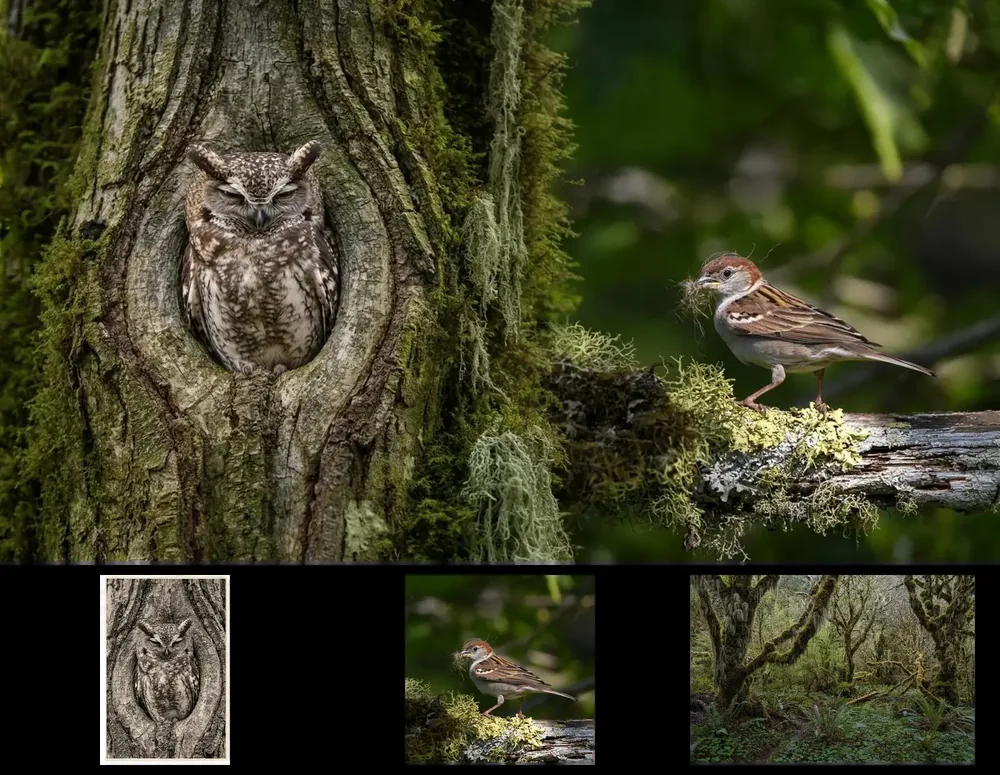 Official FLUX 3 Image forest composition with an owl and a sparrow; the three original owl, sparrow and forest references appear as smaller images below the result.