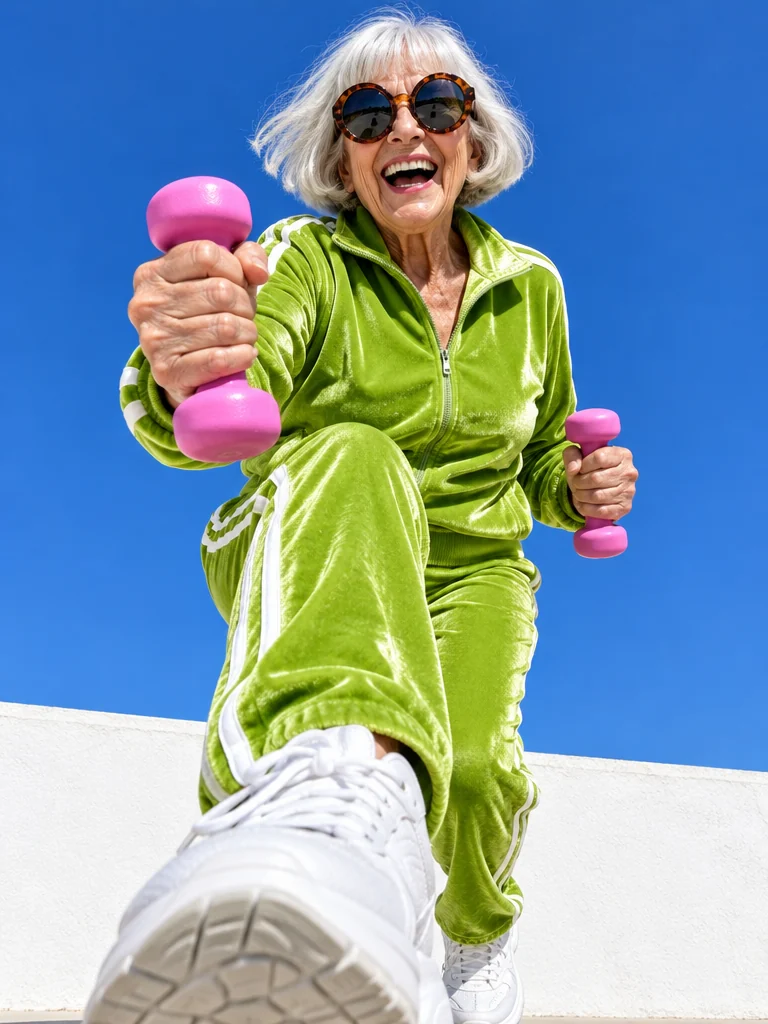 Silver-haired woman in a lime green tracksuit power-walking with pink dumbbells, shot from below against a blue sky