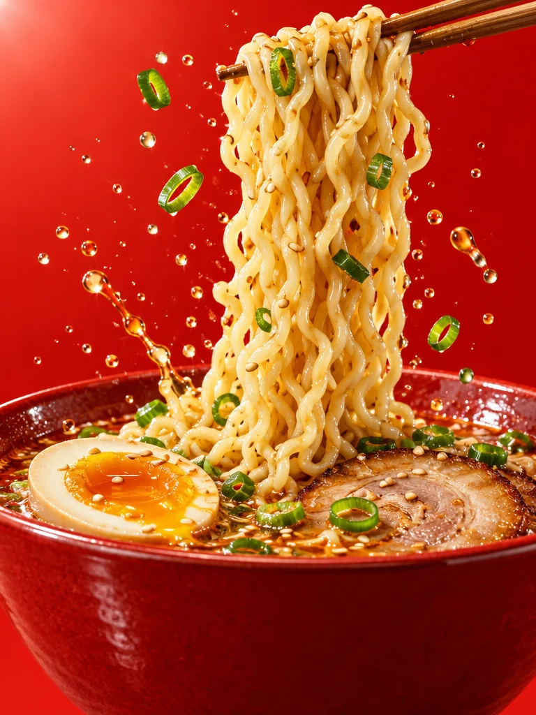 Chopsticks lifting ramen noodles out of a red bowl, broth drops frozen mid-air
