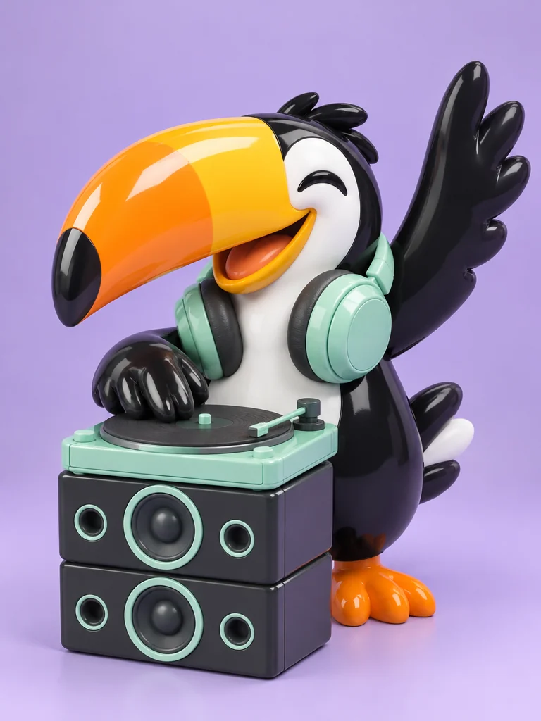 Glossy vinyl toy of a toucan DJ scratching a tiny turntable on a lavender backdrop
