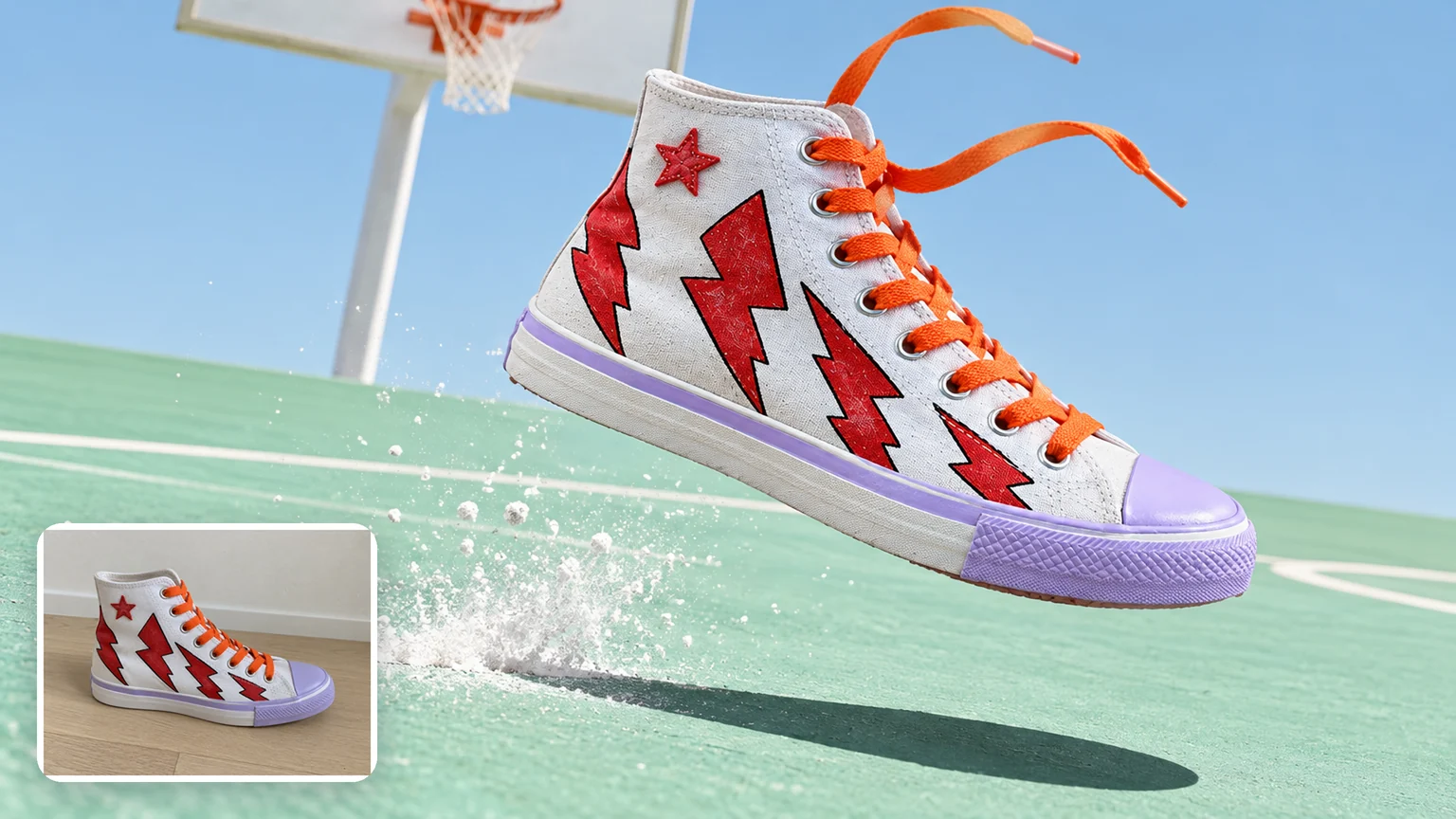 Phone photo of a hand-painted high-top sneaker on a wooden floor in the corner, and the same sneaker flying above a mint-green basketball court