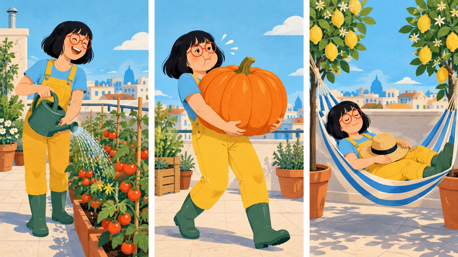 Three flat illustrated panels of the same gardener in red glasses: watering tomatoes, carrying a pumpkin, napping in a hammock