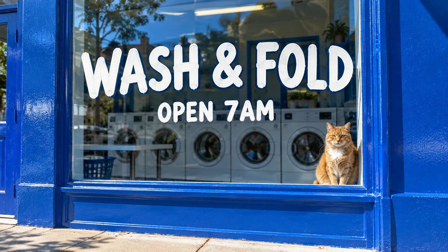 Cobalt-blue laundromat window hand-painted with WASH & FOLD and OPEN 7AM, a ginger cat sitting in the corner