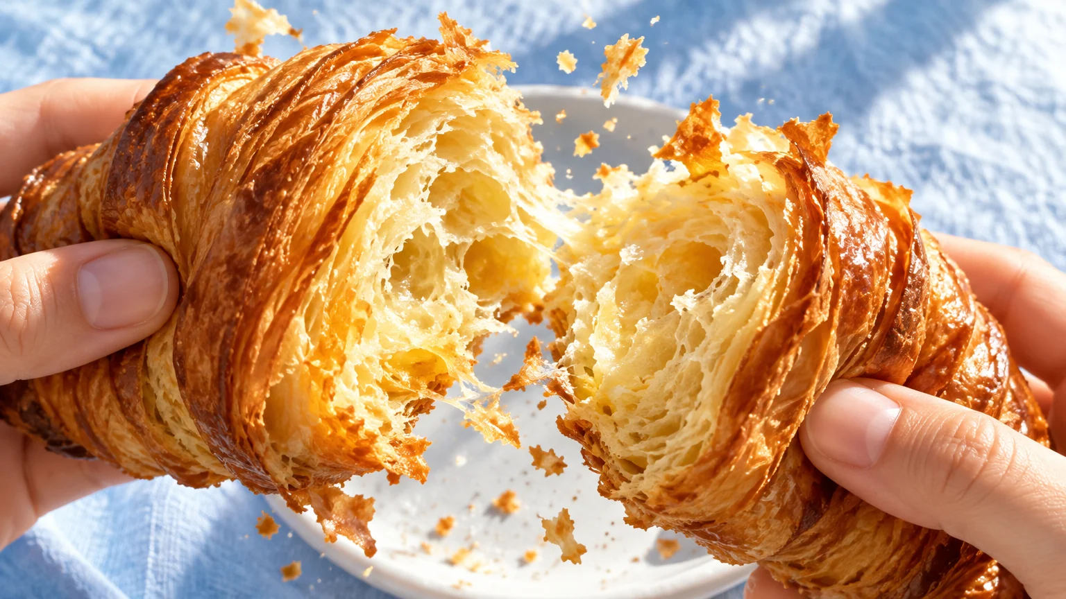 Hands tearing a golden croissant in low morning sun, flakes flying over a pale blue tablecloth