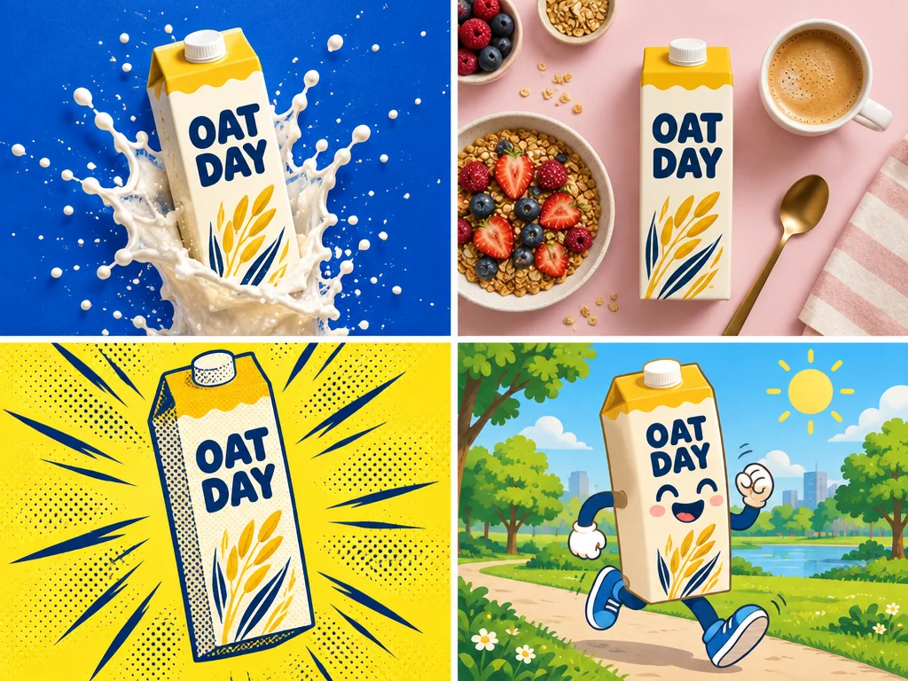 Four ads for an OAT DAY carton in a grid: milk splash on blue, breakfast flat lay, pop-art illustration, cartoon carton jogging
