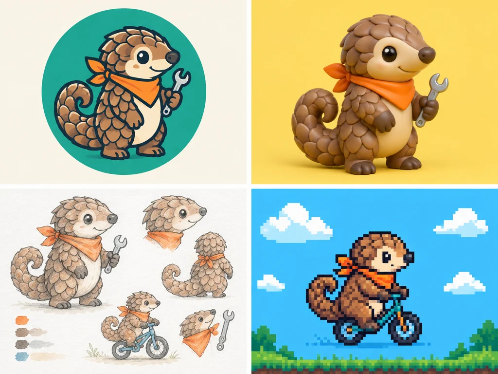 Four pangolin mechanic mascots in a grid: flat badge, glossy vinyl toy, pencil and watercolor sketch, pixel-art sprite on a bicycle