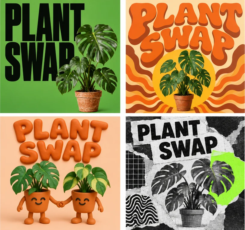 Four PLANT SWAP posters in a grid: Swiss type on green, 1970s orange lettering, clay plant characters, black-and-white zine collage