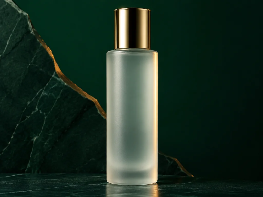 Commercial product image with accurate glass, paper, and stone materials