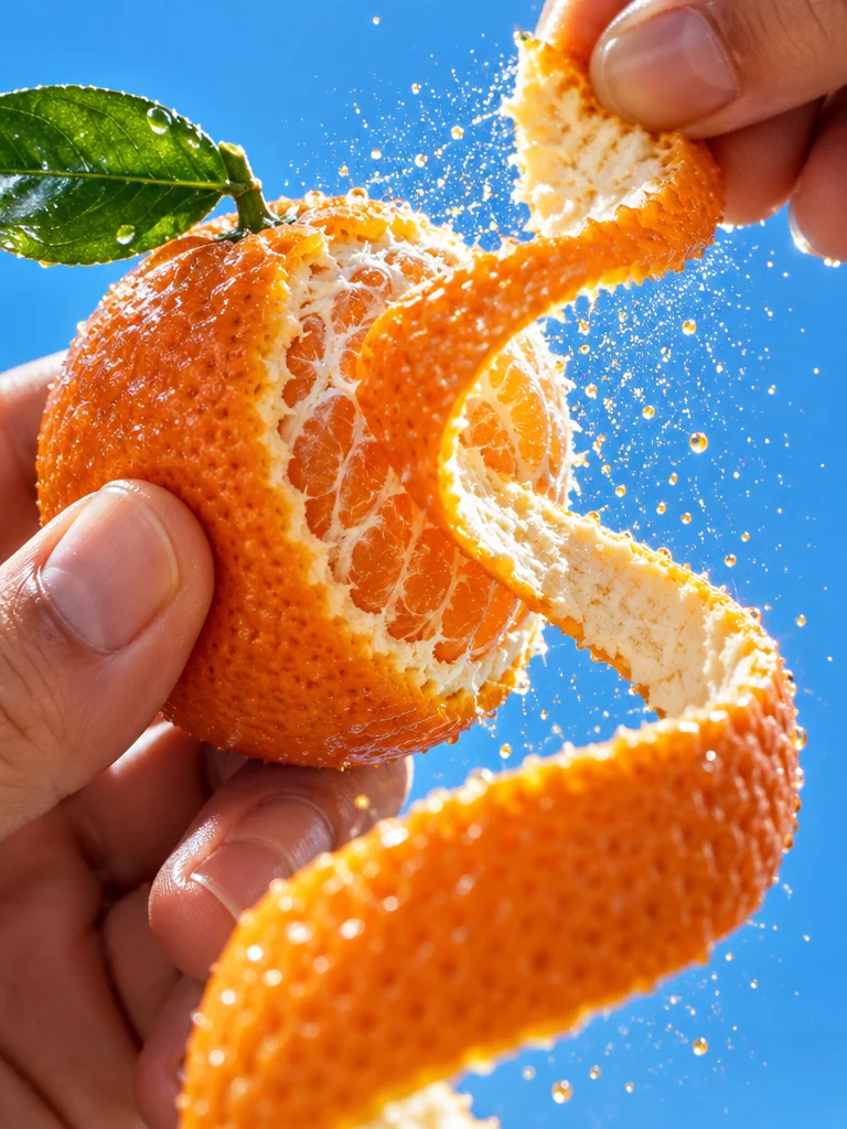 Macro of a hand peeling a clementine in one spiral as citrus oil sprays in the sun