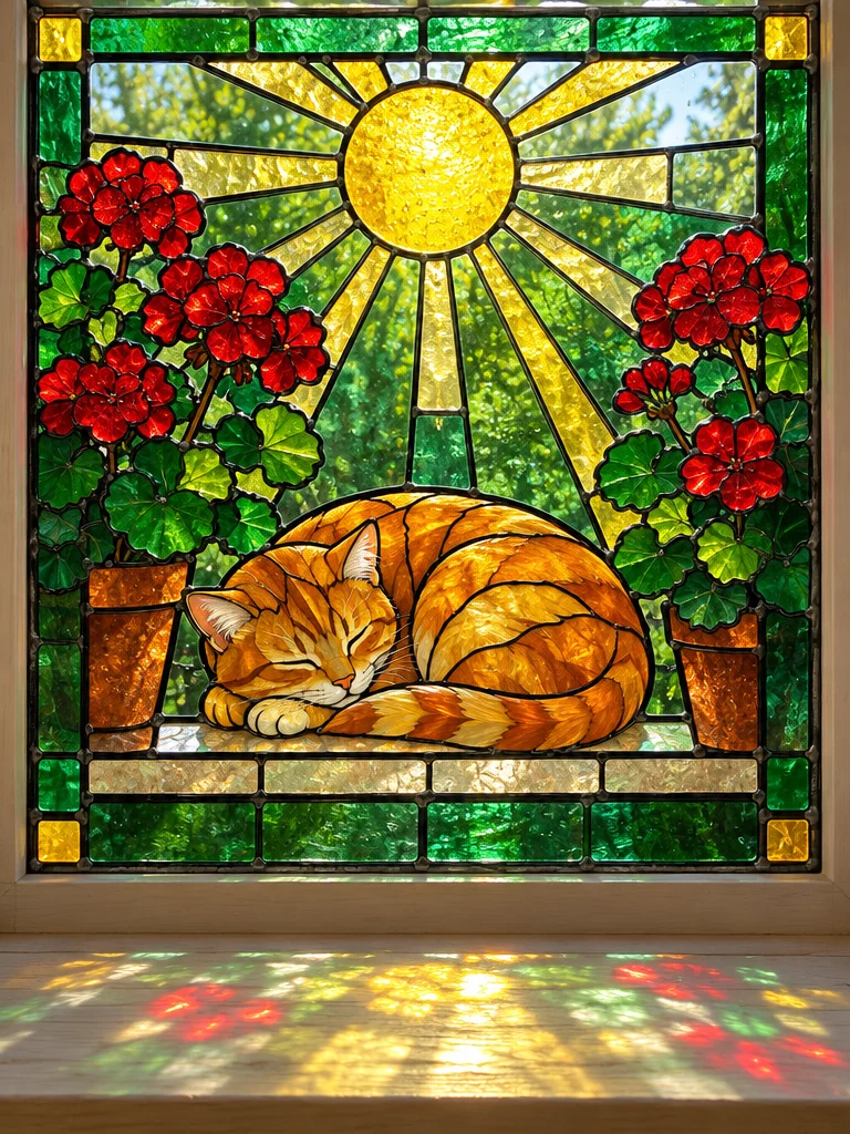 Sunlit stained-glass window of a ginger cat asleep among red geraniums