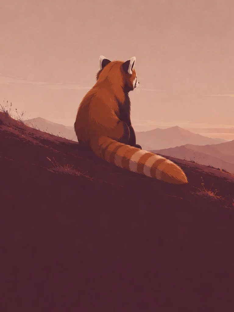 Flat illustration of a red panda sitting on a burgundy hillside, looking toward distant mountains