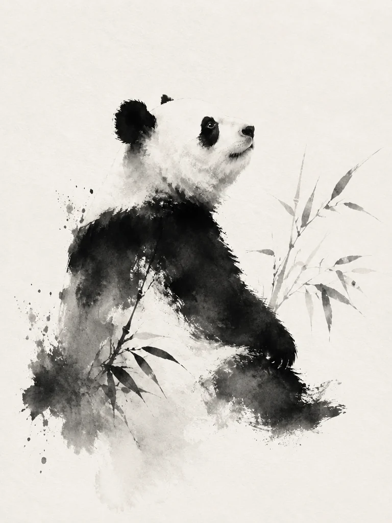 Chinese ink-wash painting of a giant panda beside bamboo on off-white rice paper