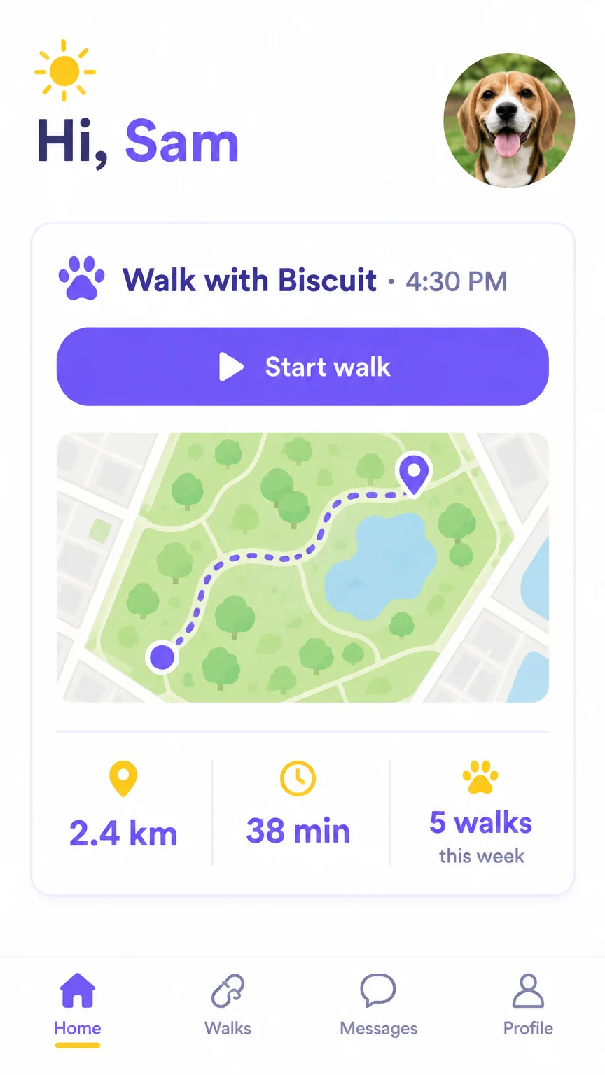 Dog-walking app screen with a violet Start walk button, a park route map, and walk stats