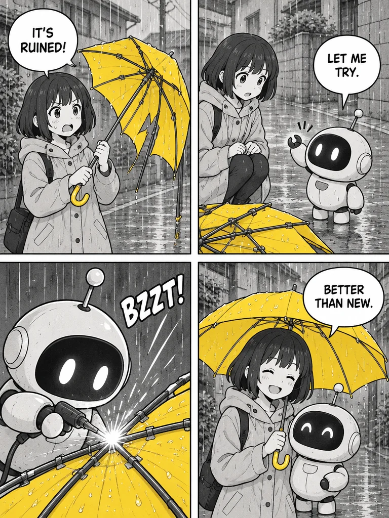 Four-panel manga page: a girl and a small robot fix a yellow umbrella in the rain