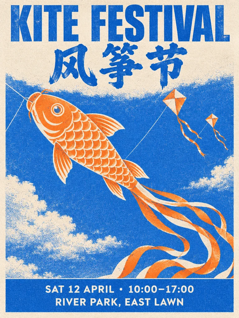 Risograph festival poster with a tangerine koi kite in a blue sky and the headline “KITE FESTIVAL 风筝节”