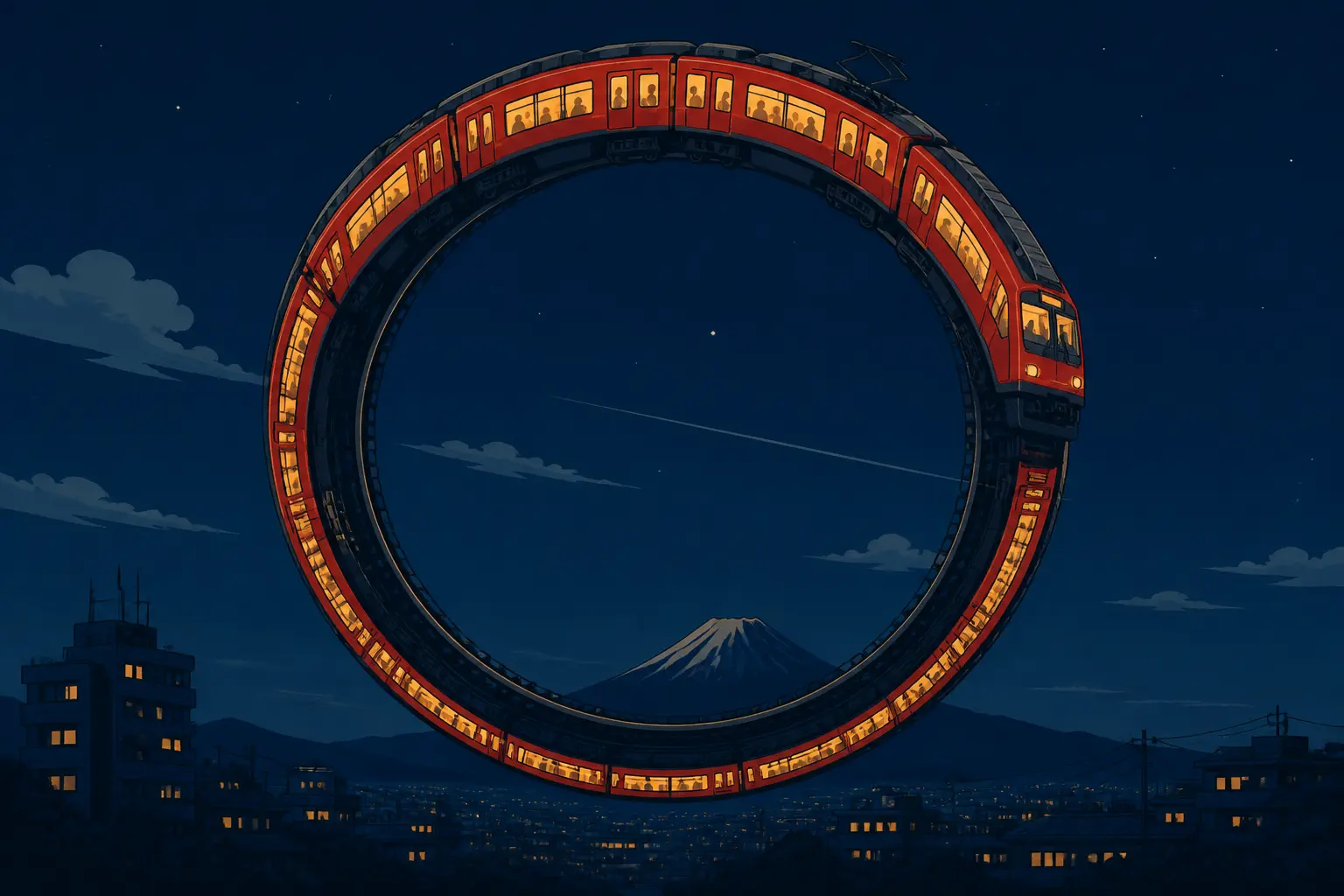Train looping through a surreal sky