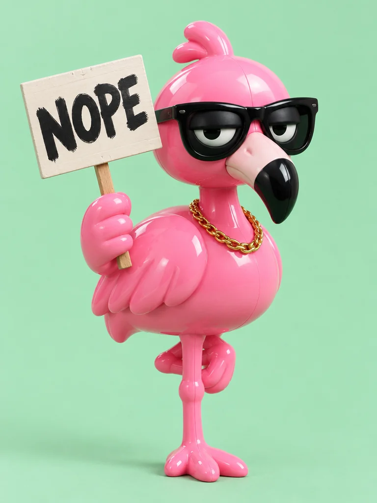 Glossy pink flamingo vinyl toy in black sunglasses holding a sign that says NOPE