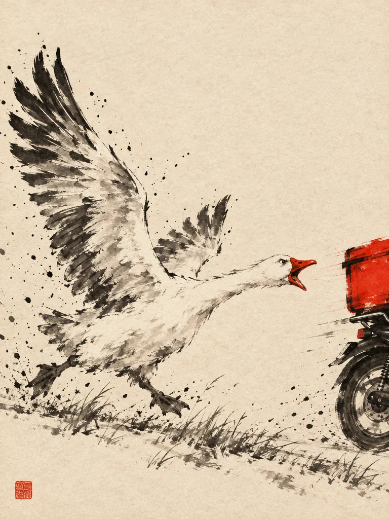 Ink-wash painting of an angry white goose chasing a red delivery box out of the frame