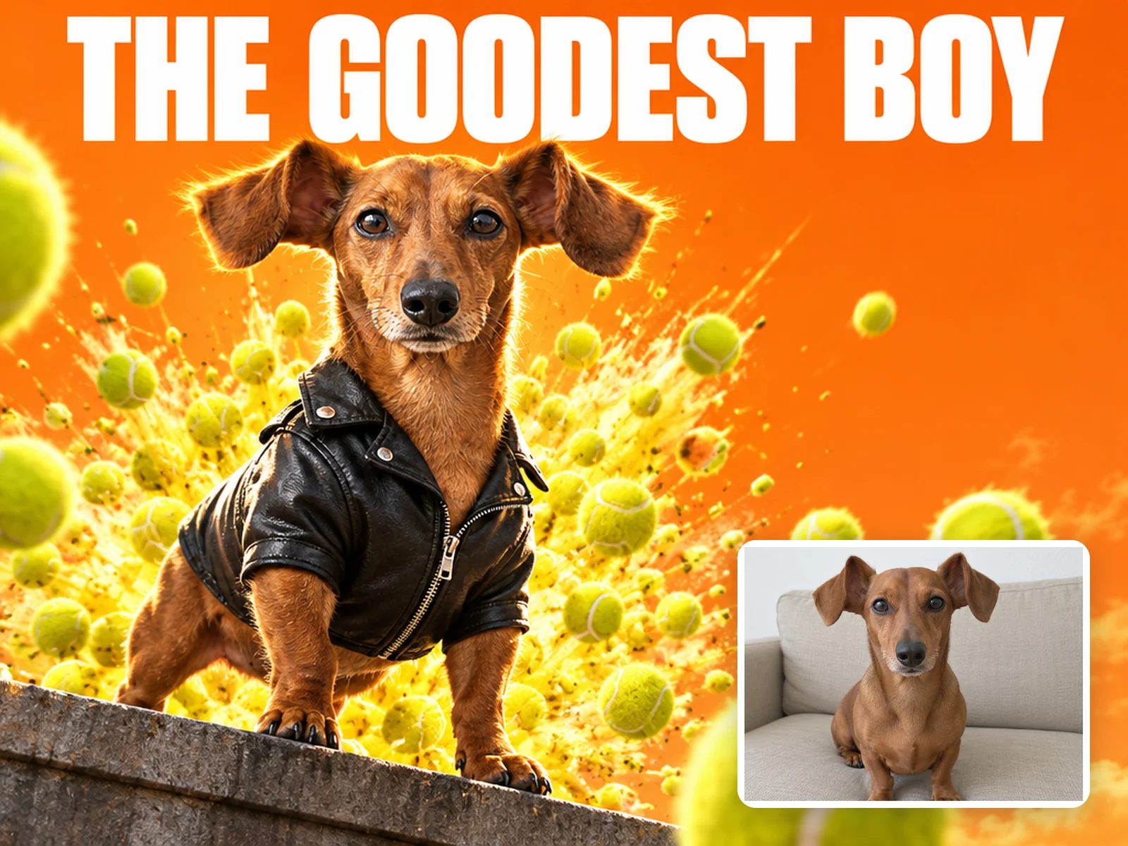 Action-movie poster of a dachshund in a leather jacket in front of a tennis-ball explosion, titled THE GOODEST BOY, with the original sofa photo of the dog in the corner