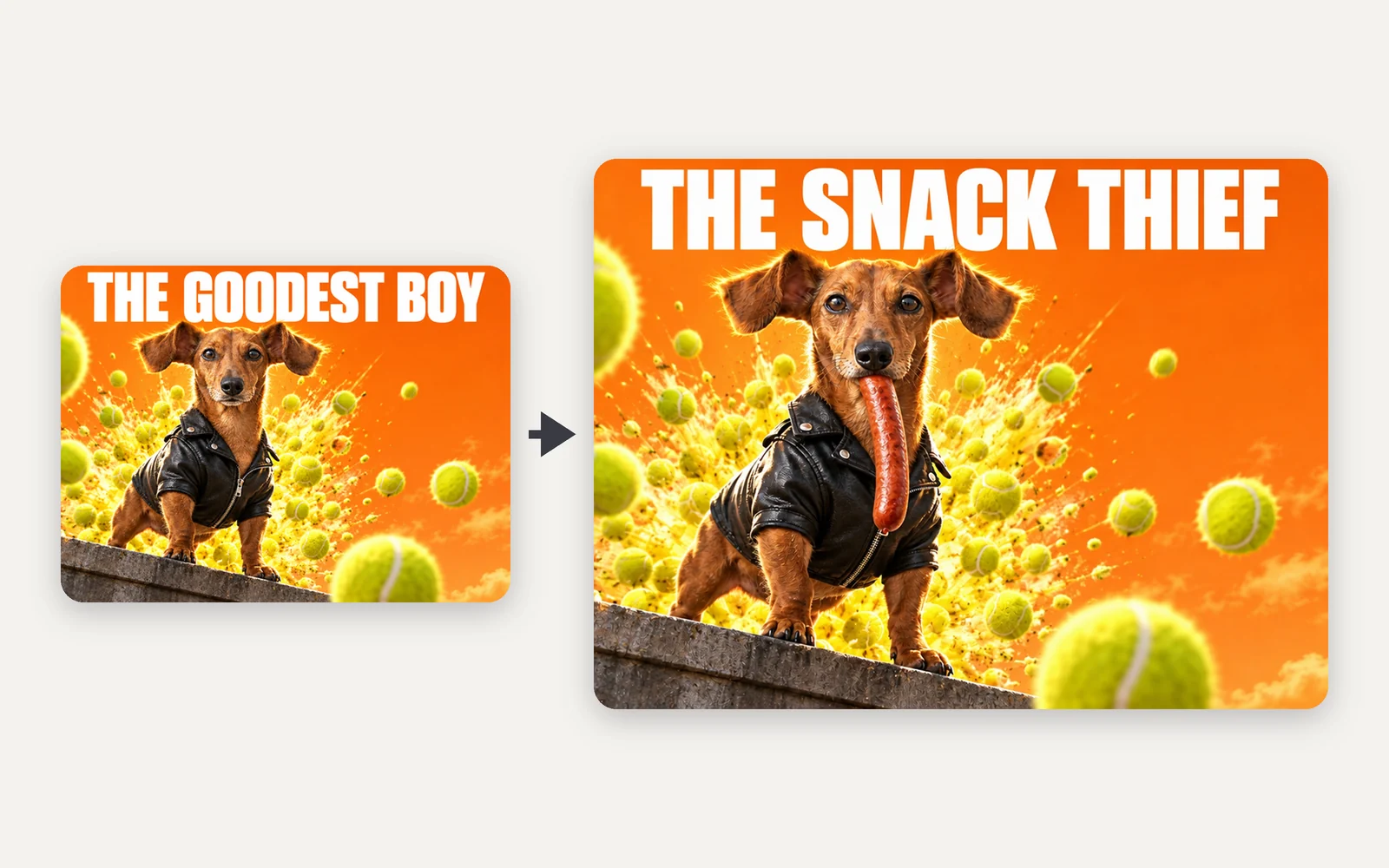 The same dachshund poster before and after the edit: left titled THE GOODEST BOY, right titled THE SNACK THIEF with a sausage in the dog's mouth
